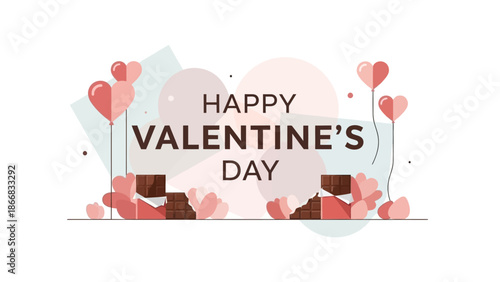 A sophisticated flat design illustration presenting "HAPPY VALENTINE'S DAY" lettering against a backdrop of subtle geometric shapes, complemented by minimalist balloons, chocolates, and flowers. 