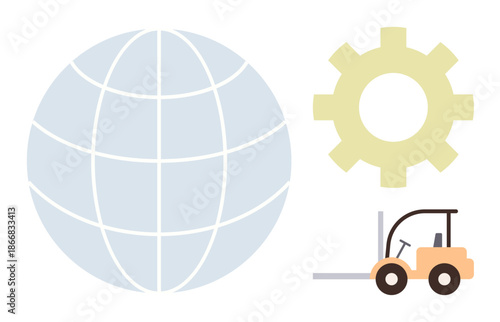 Logistics, supply chain, global trade, industrial automation, shipping, and manufacturing. A globe, gear and forklift illustration. Logistics and supply chain with industrial symbols