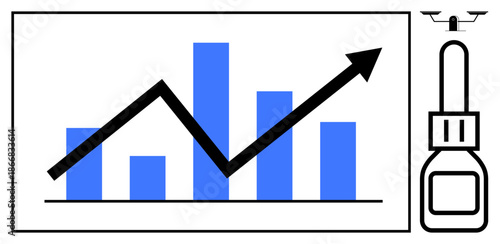Business growth, data analysis, technology, market trends, automation, innovation. Blue bar graph with upward arrow displayed on a screen and small quadcopter adjacent. Business growth and data