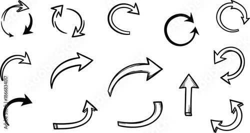 Hand Drawn Curved Arrow Icons Set Showing Circular Motion, Directional Flow and Sketch Style Navigation Symbols Isolated on White Background