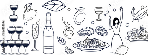 Vector illustration of festive dining scene with champagne, seafood, and pastaVector illustration of festive dining scene with champagne, seafood, and pasta