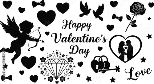 Happy Valentine’s Day Love Icons Collection with Cupid, Hearts, Roses, Diamond and Romantic Couple Silhouettes for Holiday Design Projects