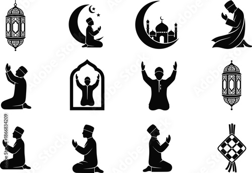 Islamic Prayer Silhouette Icons Collection Featuring Muslim Worship Poses, Crescent Moon, Mosque and Lantern Symbols for Ramadan Religious Design