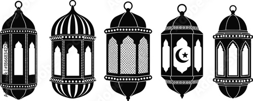 Islamic Ramadan Lantern Silhouettes Set Featuring Traditional Hanging Fanous Designs for Muslim Holiday Decoration and Religious Greeting Projects