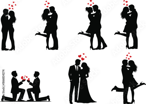 Romantic Couple Silhouette Set Showing Love, Proposal, Kissing, Embrace, Hearts, Wedding and Valentine Moments Isolated on White Background