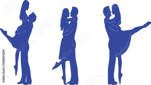 Romantic dancing couple silhouettes performing elegant lift poses isolated on white background for love, wedding, and relationship concepts