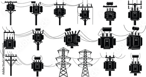 Electrical transformer vector illustration, power line infrastructure, transmission tower design,