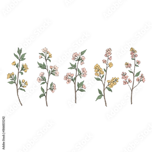 A set of colorful cartoon-style floral branches with pink, yellow, and green leaves on a white background, featuring cute dragon-inspired illustrations.