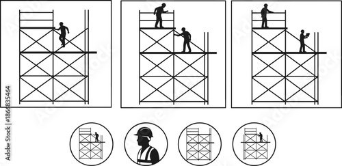 Construction workers on scaffolding, safety procedures, industrial site illustration, building maintenance teamwork, fall protection concept, engineering workflow, workplace safety icons, blue 