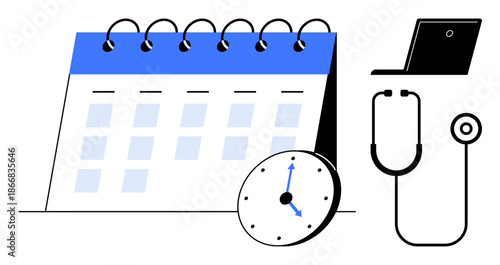 Healthcare scheduling, telemedicine, time management, medical appointments, productivity, online consultation. Calendar, clock stethoscope and laptop illustration. Healthcare scheduling