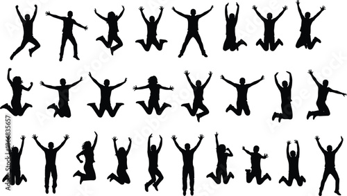 Group of jumping people silhouettes, happy human poses, celebration action figures, energetic movement concept, success freedom teamwork motivation isolated on white background