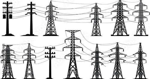 Electrical transmission towers, utility poles, power line structures, vector illustration of energy distribution infrastructure, electricity grid engineering design, industrial energy supply system