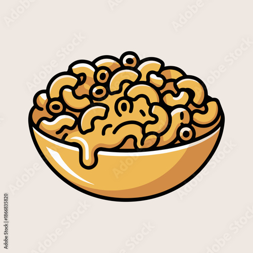 Mac and cheese bowl vector illustration with melted yellow cheese isolated on beige background