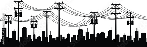 Urban city skyline silhouette with electric power lines, utility poles, energy infrastructure, modern metropolis, electricity grid, industrial landscape, technology, sustainable development,