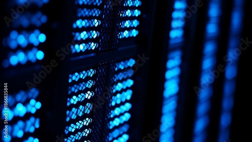 Close-up of glowing blue server rack lights creating an abstract technological pattern on a dark background.