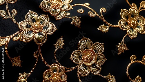 Black luxury fabric with floral embroidery and gold threads, showcasing elegant texture detail.