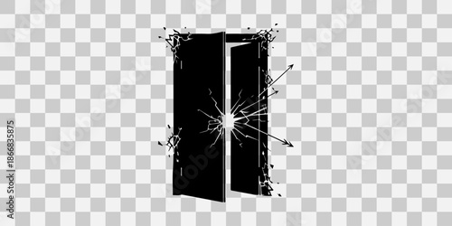 Black door broken by bullet shots and explosion