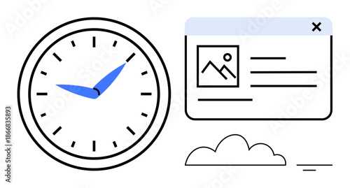 Time management concept. Time tracking and task organization with a clock highlighting productivity. Time illustrated with a clock and digital interface visuals. For workflow, apps, business planning