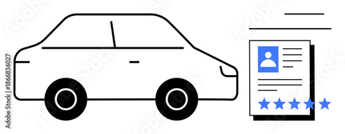 Black car outline next to a profile card with star ratings, emphasizing customer reviews, reputation, and evaluation. Ideal for rental services, feedback systems, user ratings, and quality control