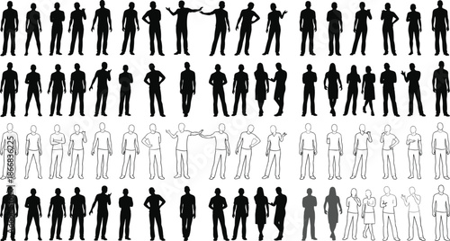 Collection of male and female silhouettes, standing people outline figures, diverse human poses, architectural scale people, casual crowd vector icons, groups.
