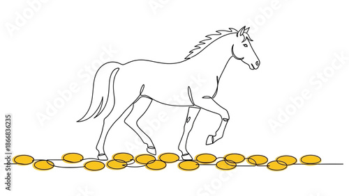 Horse walking on coins, financial growth concept