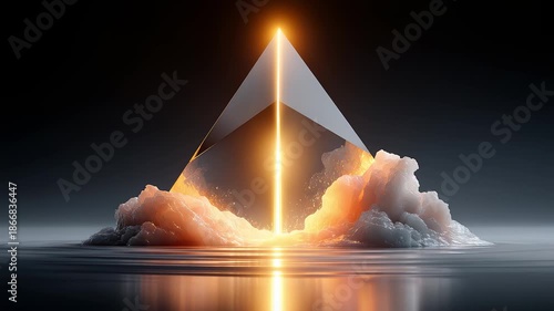 Glowing crystal pyramid standing in clouds on dark background