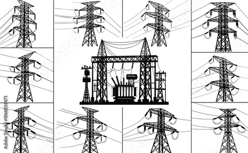 High voltage transmission towers, electrical substation infrastructure, power lines silhouettes, energy distribution system, industrial electricity grid, utility network vector illustration design