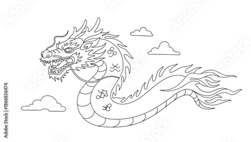 chinese dragon flying in sky with clouds