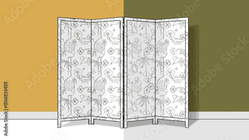 white room divider with floral pattern