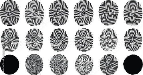 Set of black fingerprint icons with unique biometric patterns for forensic science identification digital security authentication and human identity verification systems.