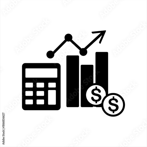 Title: Finance Calendar Growth Calculation Icon

Description: Black and white vector icon showing a financial calendar with growth and calculation elements. Clean, minimal design for planning, account