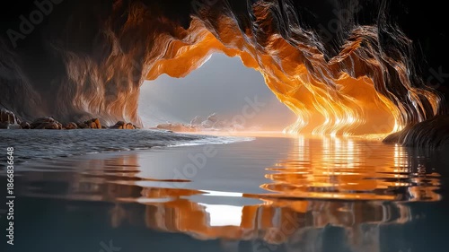 Golden light reflecting on calm water inside dark rocky sea cave