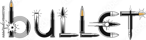 Bullet word art creative typography with ammunition elements.