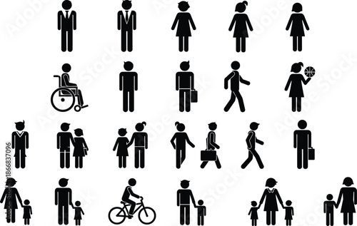Set of diverse people icons, businessman silhouettes, family figures, disabled wheelchair user, cyclist, walking pedestrians, children, students, and community stick figures.
