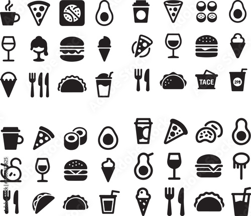 Black and white of various food and drink pizza