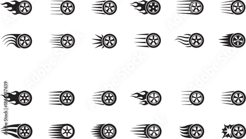 Black and white wheel with motion effects in a grid