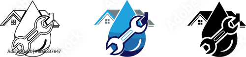 House plumbing service logo with water drop and wrench icon set.