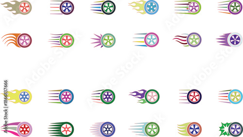 Colorful cartoon wheels with motion effects in a grid