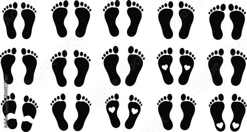 Set of human footprint silhouettes, bare foot prints with heart shapes, child and adult feet icons, walking trail symbols, vector,