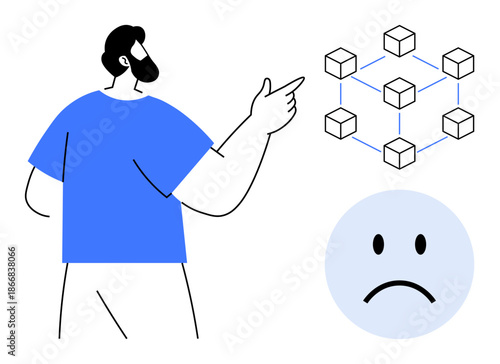 Blockchain network. Abstract visualization of blockchain technology linked with user dissatisfaction by a sad face. Blockchain security and transparency in digital systems. Ideal for technology