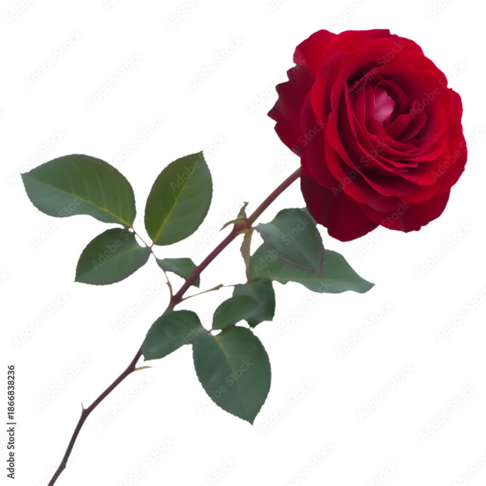 Obraz premium Single red rose on stem with leaves isolated on transparent background