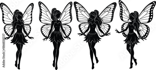 Set of magical fairy silhouettes, mythical butterfly winged creatures, fantasy girl spirits, enchanted forest beings, ethereal pixies, and celestial goddess figures,