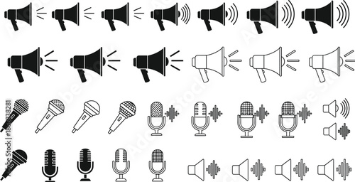Set of megaphone icons, microphone symbols, sound volume speaker graphics, broadcasting equipment illustrations, podcast audio elements, news announcement signs, and media communication.