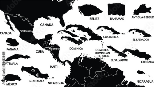 Set of North and Central American country maps, black silhouettes of Canada, Mexico, Cuba, Haiti, Guatemala, Panama, and Caribbean islands,.eps