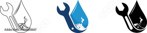 Home repair and plumbing service icon with house and wrench symbols