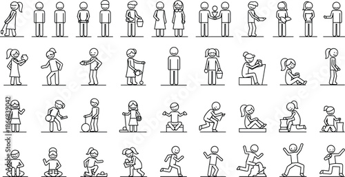 Set of stick figure children outlines, diverse kids playing, students learning, line art community people icons, simple childhood character sketches,
