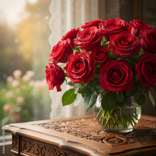 Beautiful Bouquet of Vibrant Red Roses with Dewdrops on Antique Wooden Table - Romantic Floral Arrangement