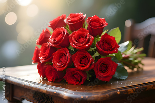 Beautiful Bouquet of Vibrant Red Roses with Dewdrops on Antique Wooden Table - Romantic Floral Arrangement