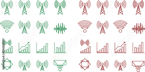 Set of telecommunication network signal icons, wireless antenna towers, data transmission frequency waves, wifi connectivity symbols, and internet technology signal bars.