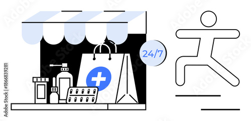 Medical store with delivery bag, medicine bottles, and pills next to delivery person icon. Ideal for healthcare, e-commerce, convenience, emergency services, telemedicine, online shopping fast